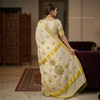 Kerala Style Ivory Embroidered Saree with Zari Border