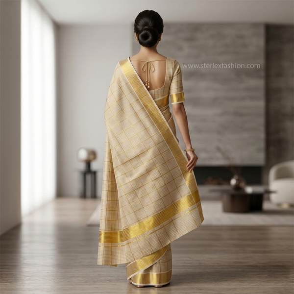 Classic Ivory Checks Kasavu Saree