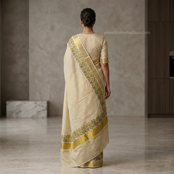 Ivory Floral Checks Border Saree